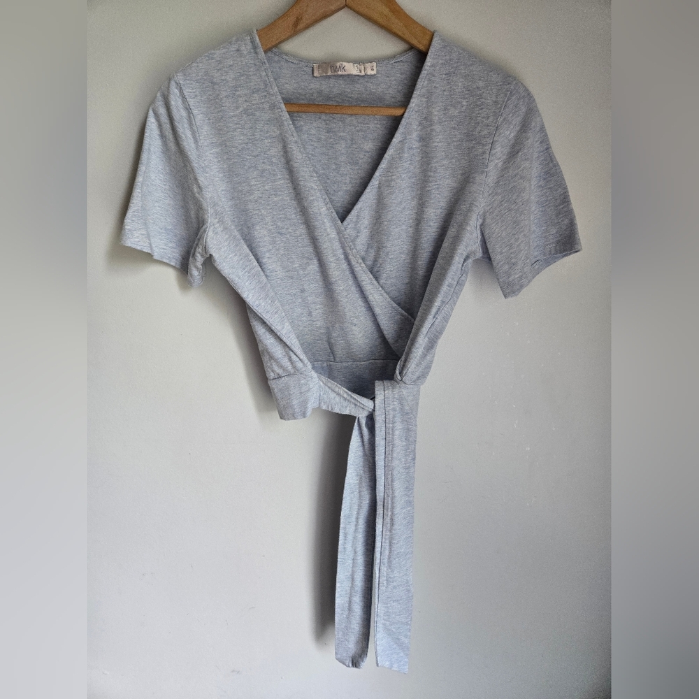 TWIK Light Blue Faux Wrap Cropped Cotton Blend Top